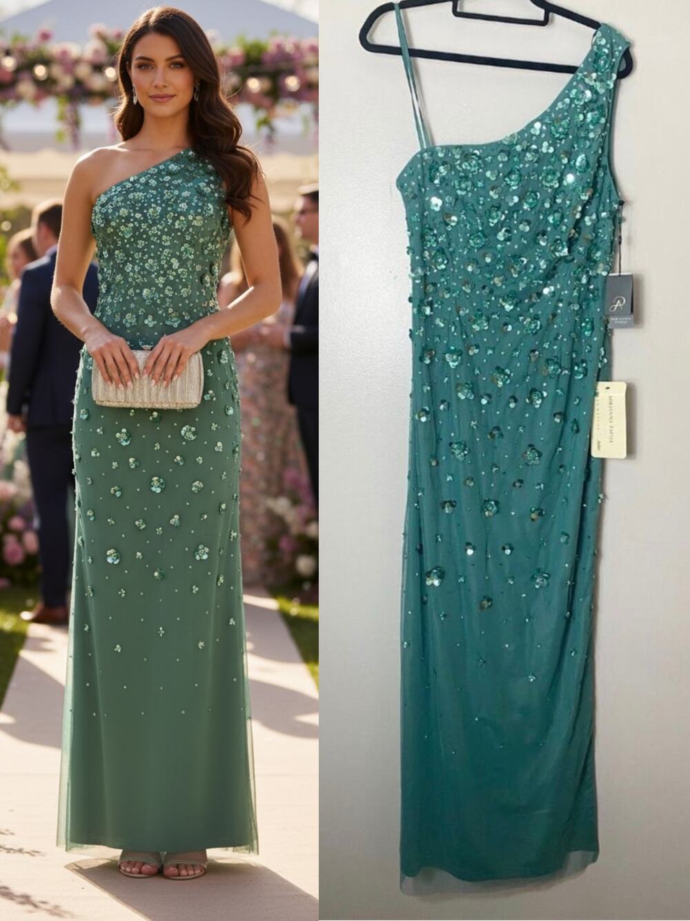 Adrianna Papell NWT Dress 14 Green Mother of the Bride 3D Floral Formal Evening